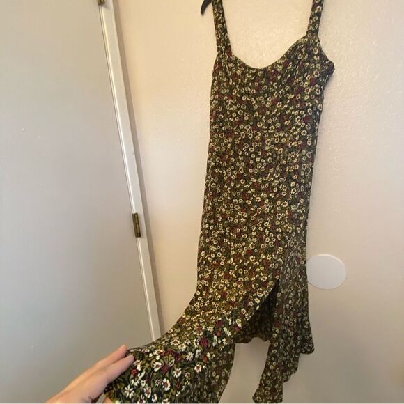 Zara micro Floral print Midi slip Dress viscose black green silky M - Picture 6 of 14